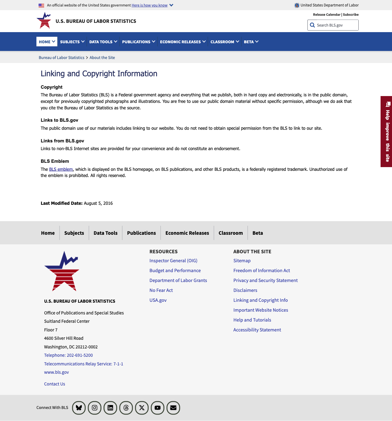 BLS linking and copyright information