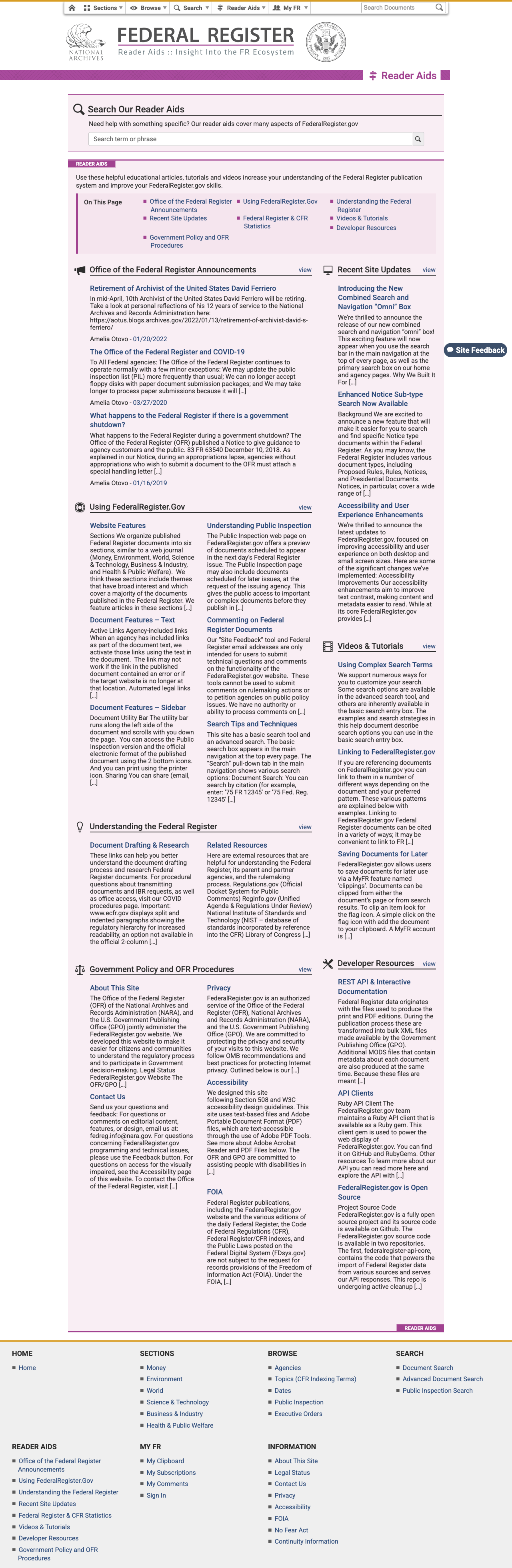 Federal Register reader aids, including its legal status notice