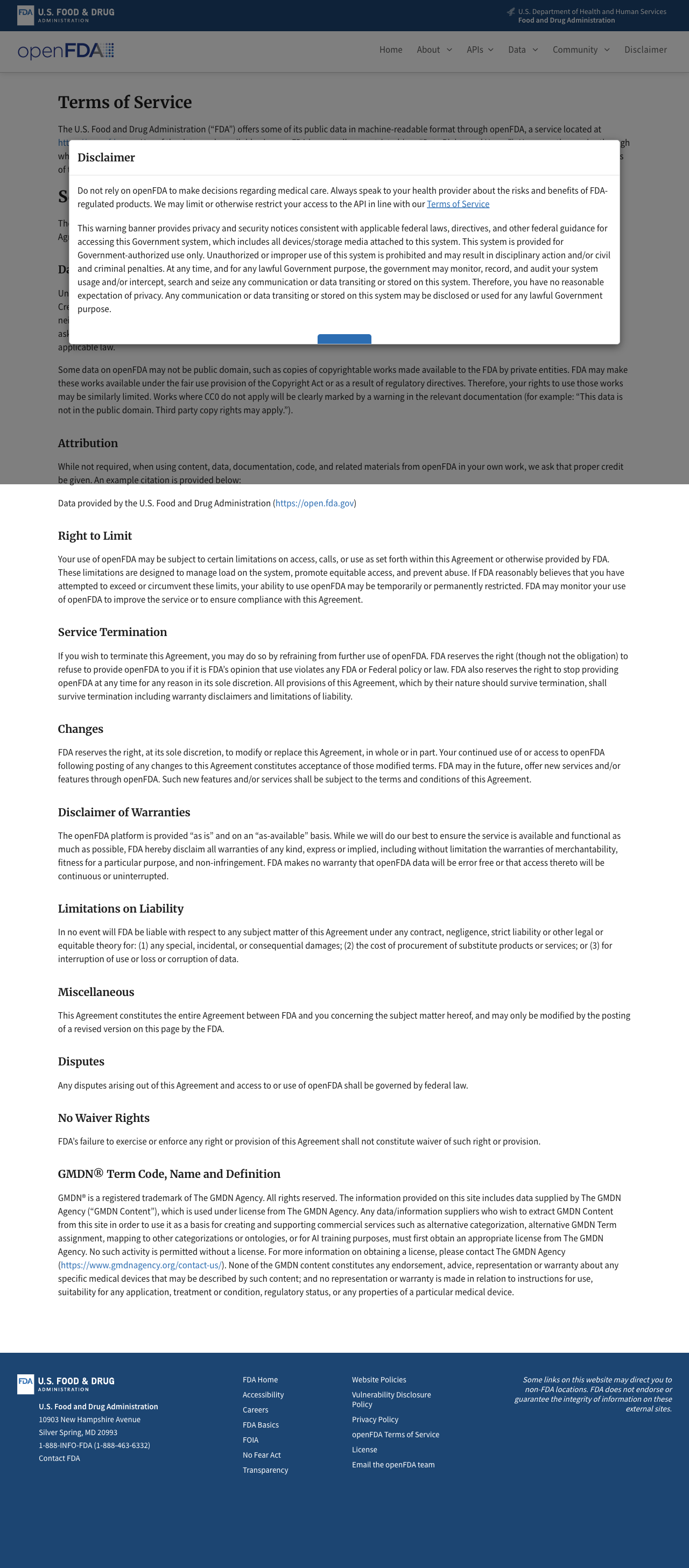 openFDA terms of service