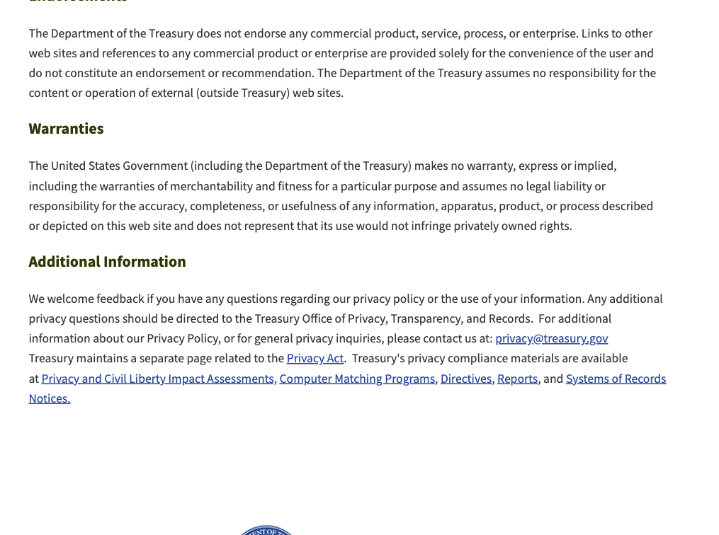 Treasury legal disclaimers, warranties section